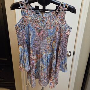 SPENSE Womens Cold Shoulder Pleated Print Tunic Top M M